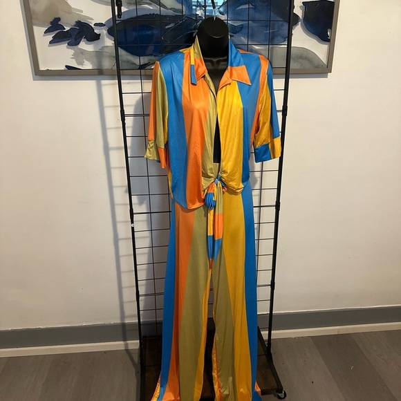 Women’s Plus Size Multi Color Two Piece Collar Self Tie Crop Top Wide Pants Set - Picture 9 of 14